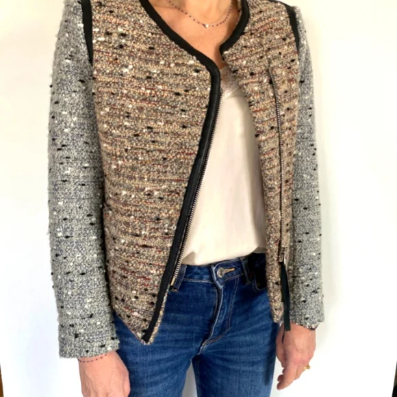 Sandro Tweed Boucle Leather Trim Collarless Moto Jacket - Picture 7 of 13